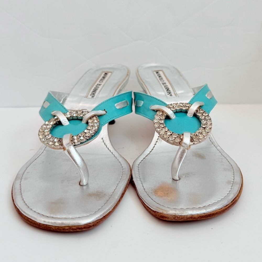 Manolo Blahnik Turquoise Rhinestone-Embellished Thong Heels - Picture 3 of 10